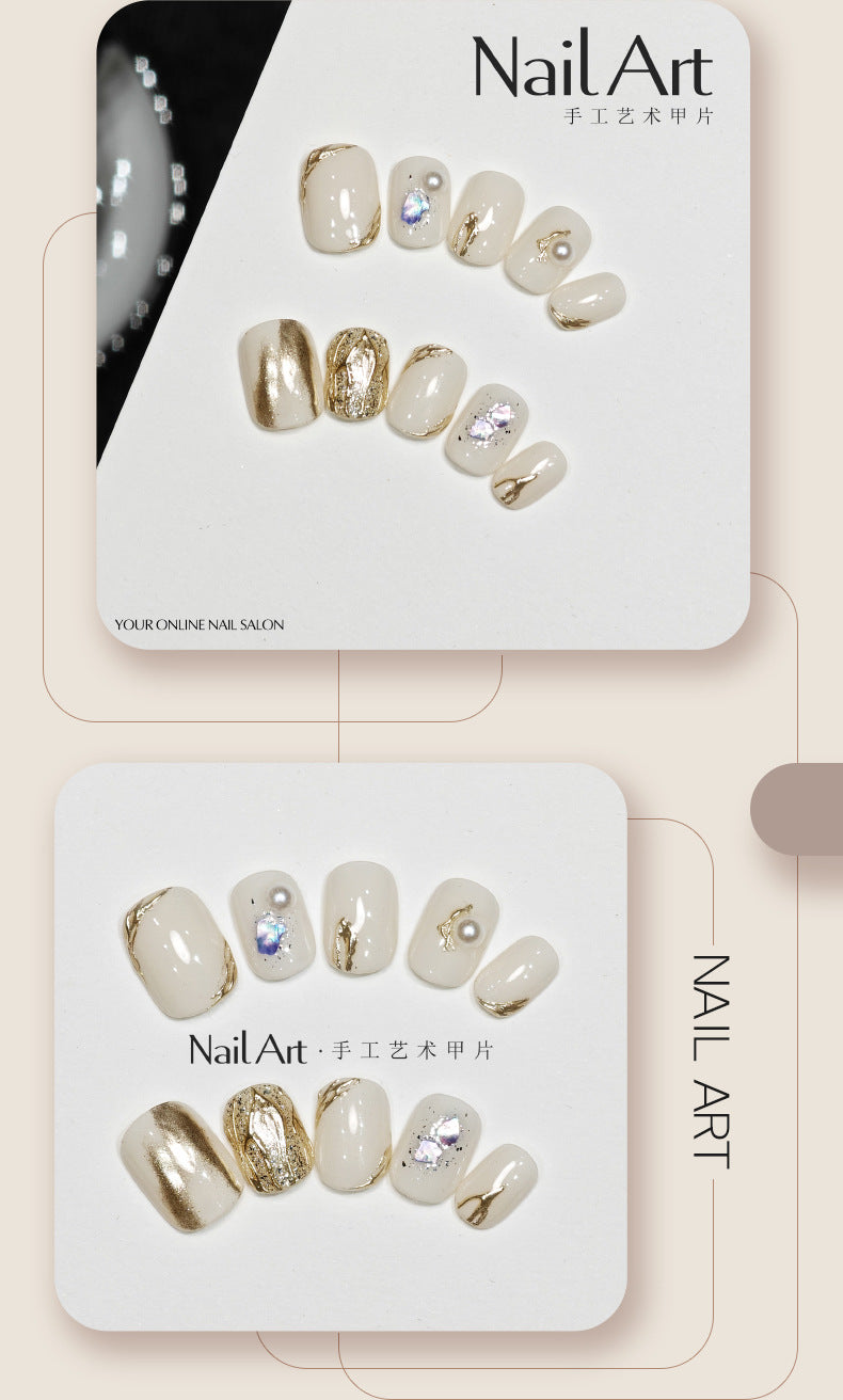 Handmade Wear Armor Show White Gold Color Colorful Pearl Advanced Short Nail Stickers Fake Nail Tip Finished Product Wholesale