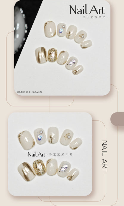 Handmade Wear Armor Show White Gold Color Colorful Pearl Advanced Short Nail Stickers Fake Nail Tip Finished Product Wholesale