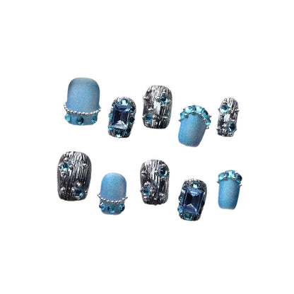 Hot Sale Nail Stickers European and American Colorful Crystals Light Luxury Pile Rhinestone Short Nail Finished Retro Heavy Industry Sapphire Hand-Worn Nail