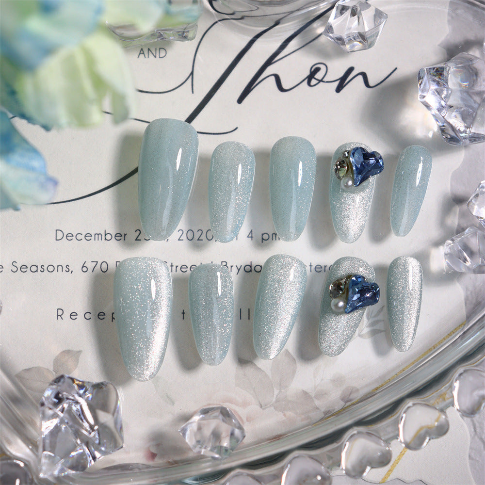 Sea Salt Ice Blue Medium Oval Crystal Cat's Eye Hand-Worn Nail baby Blue Gradient Rhinestone Wearable Nail Stickers