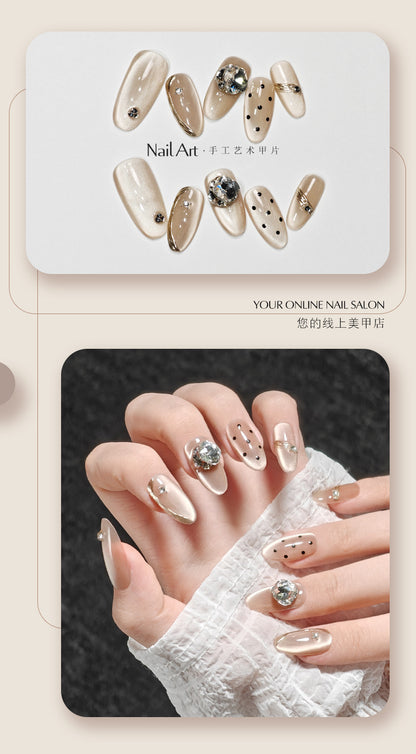 Qiuyi Handmade Wear Nail Short Cat Eye Ice Transparent Almond Nail White Handmade Nail Stickers Fake Nails Wholesale