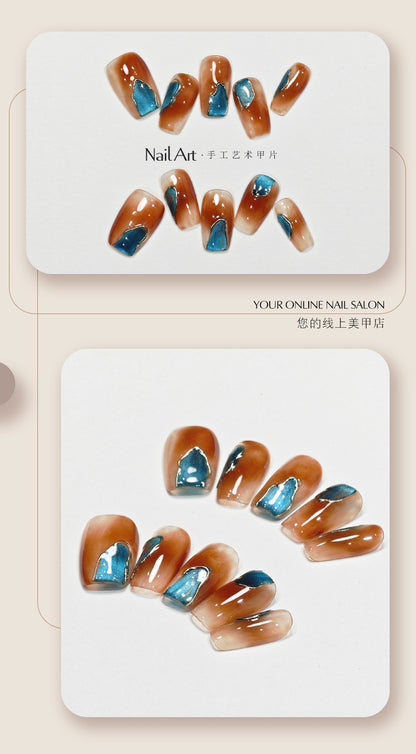 Handmade Wear Armor Autumn and Winter Maillard Amber Peacock Blue Cat Eye White Nail Stickers Handmade Fake Nail Tip