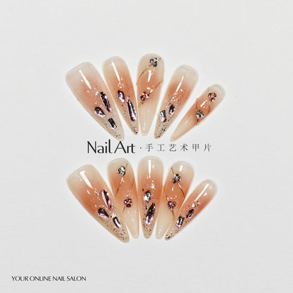 Handmade Wear Nail Art Ice Transparent Star Powder Advanced Gold Pink Sea Castle Nail Patch Fake Nails Wholesale