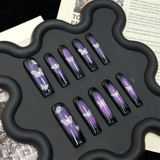 Cross-Border New European and American Halloween Purple Butterfly Long Water Pipe Handmade Wear Nail Fake Nails Nail Sticker Nail Tip