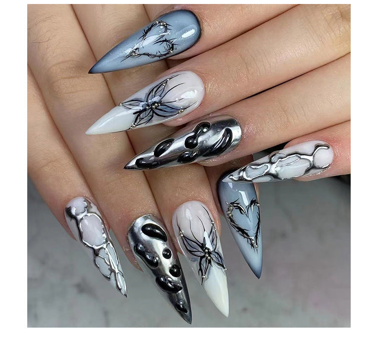 3D Three-Dimensional Water Ripple Wear Nail Cool Super Long Pointed Nail Piece Europe and America Cross Border Butterfly Hot Silver Fake Nails