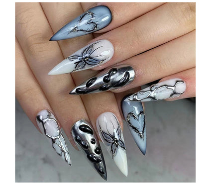 3D Three-Dimensional Water Ripple Wear Nail Cool Super Long Pointed Nail Piece Europe and America Cross Border Butterfly Hot Silver Fake Nails