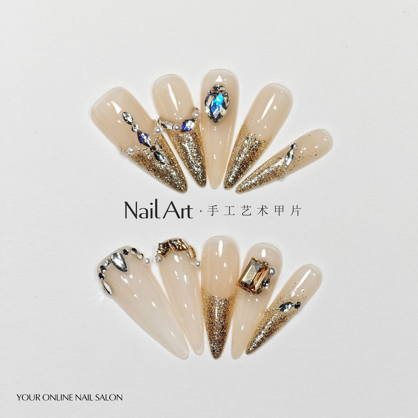 Handmade Wear Armor Golden Cat Eye Cute Light Luxury Premium Water Drop Champagne Removable Fake Nail Tip Wholesale