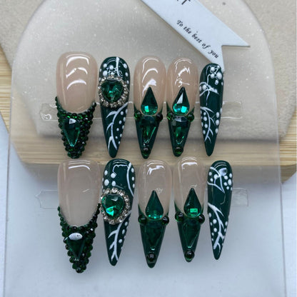 European and American Style Hot Selling Long Pointed Hand-Worn Armor Emerald French Style Full Diamond High-Grade White Manicure