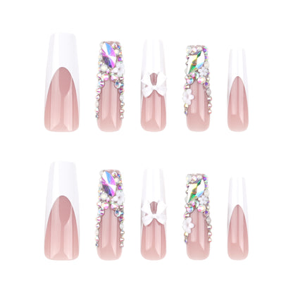 Rhinestone Flash Wear Nail Piece Wholesale Cross-Border French White Nail Bow Flower Rectangular Fake Nails