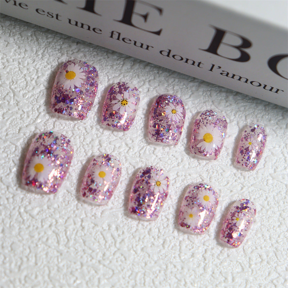 Summer Limited Fresh Little Daisy Phototherapy Hand-Worn Nail Flash Purple Wearable Nail Art Fake Nail Tip10Piece