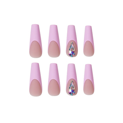 Peach Pink French Style Plum Blossom Diamond Water Drop Long Ballet Wear Finished Nail Beauty Fake Nails Nail Stickers Nail Patch