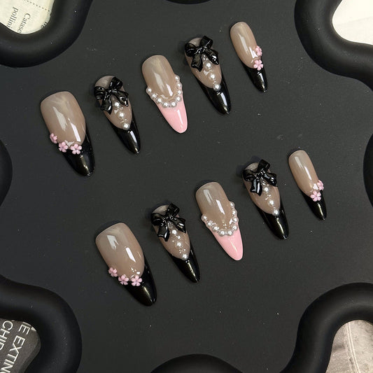 Cross-Border Hot Selling Internet Celebrity Nude Long Almond Black French Love Puff Pearl Nail Beauty Wear Nail Finished Product Wholesale