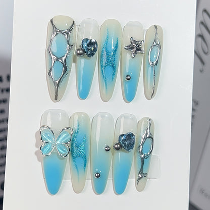 【Dyed Nail】Handmade Wear Nail Ice Transparent Blue Star Moon Butterfly Fairy Style Gentle Sweet Beautiful White Long Manicure