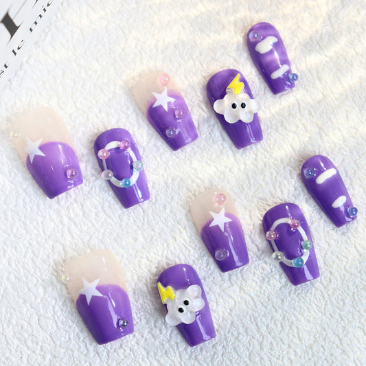 Cartoon Cute Lightning Cloud Purple Handmade Wear Nail Irregular French Bubble Student Wear Manicure