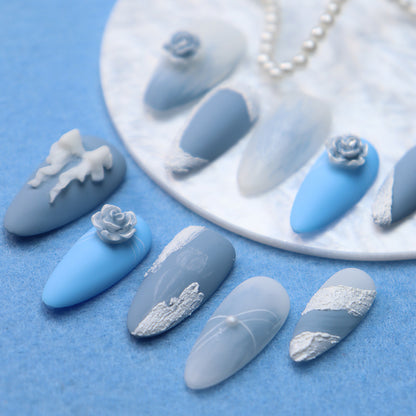 European-Style Three-Dimensional Plaster Glue Hand-Pinching European Rose Hand-Worn Nail Haze Blue Refreshing Summer Fake Nail Tip Phototherapy