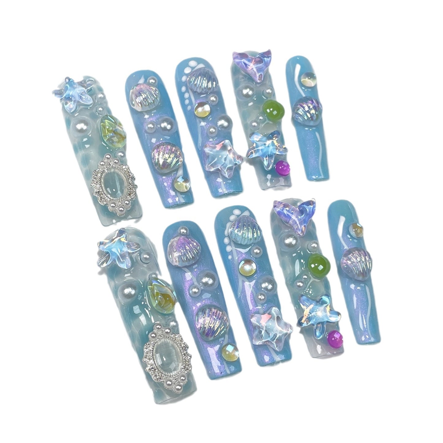 European and American Water Pipe Aurora Nail Blue Fantasy Ocean Cute Fresh Long Handmade Wear Nail Finished Product Fake Nails