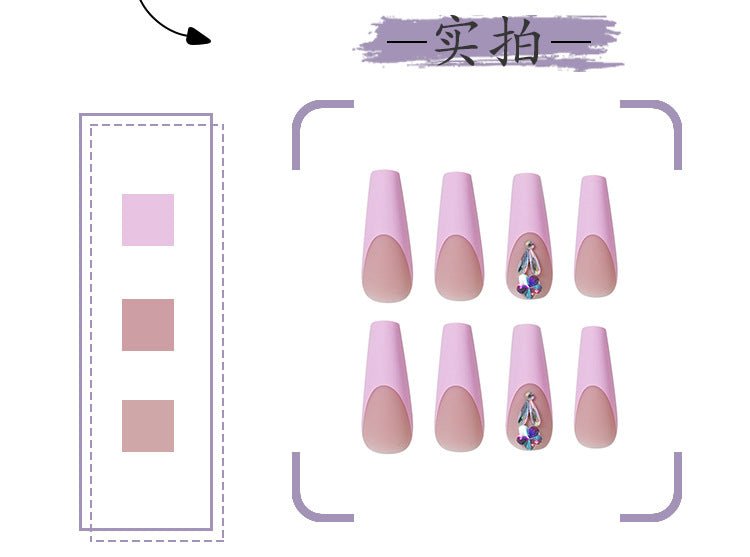 Peach Pink French Style Plum Blossom Diamond Water Drop Long Ballet Wear Finished Nail Beauty Fake Nails Nail Stickers Nail Patch