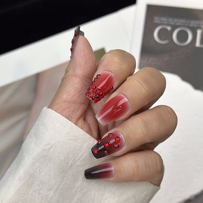 Cross-Border New Arrival European and American Cherry Red Fake Nails Hand-Worn Nail Nail Shaped Piece Removable Nail Stickers Finished Product