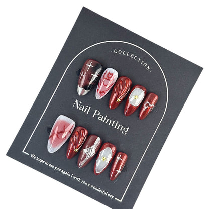 Red European and American Style Hand-Painted Elegant Shining Diamond Handmade Wear Armor Nail Stickers Overseas Cross-Border Finished Products Wholesale