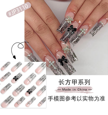 New Black Bow Ice Transparent Wear Nail Sweet Cool Flash Diamond Cross Nail Art Long Ladder Sand Pattern Removable Nail Tip