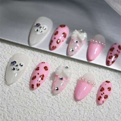 Hot Girl Sweet Cool Leopard Pattern Handmade Wear Armor French Pearl Ballet Style Sweet Girl Nail Stickers Phototherapy Detachable