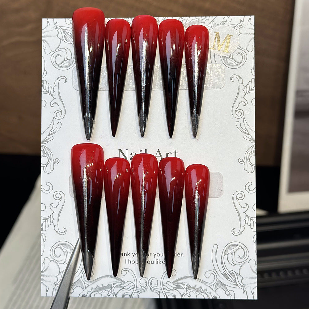 Original Design European and American Dark Red Long Pointed Magic Mirror Effect Powder Wear Nail Black Red Gradient Removable Fake Nails Manicure