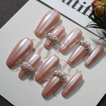 Advanced Phototherapy Pink Aurora Solid Color Handmade Wear Nail Simple Pearl Pink Nail Piece Long Ladder Gentle Gold