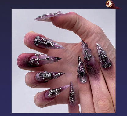 Halloween Cool Wear Nail French Flame Cross Manicure Purple Smudges Spider Nail Tip Finished Product Wholesale