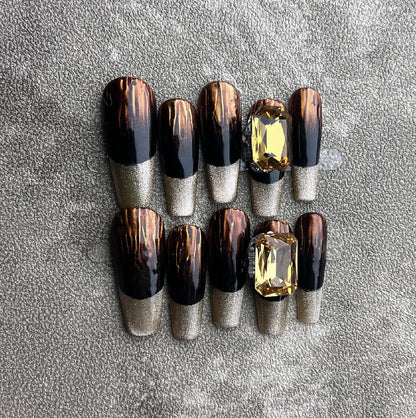 Handmade Autumn and Winter Wear Nail Finished Product Wholesale Long T Amber Brown Show White Model