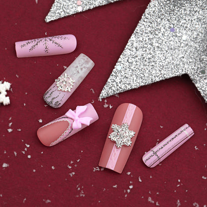 Super Long Water Pipe Nail Fake Nails Pink Sweet Tridimensional Bow Christmas Wear Nail French Snowflake Nail Tip