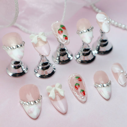 Detachable Wear Nail Tip Strawberry Girl Three-Dimensional Bow French Wear Nail Tip Finished Handmade