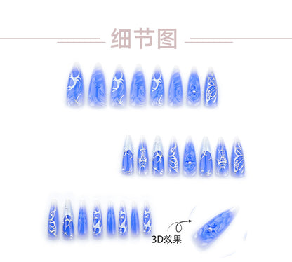 Blue Manicure French White Fake Nails Hot Silver Butterfly Wearable Nail Tip3D Flower Pearl Nails Patch