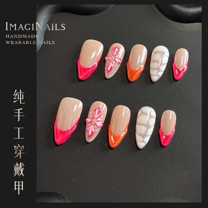 Hot Selling in Europe and America3D Three-Dimensional Carved Almond Nail Pure Hand-Worn Nail Piece