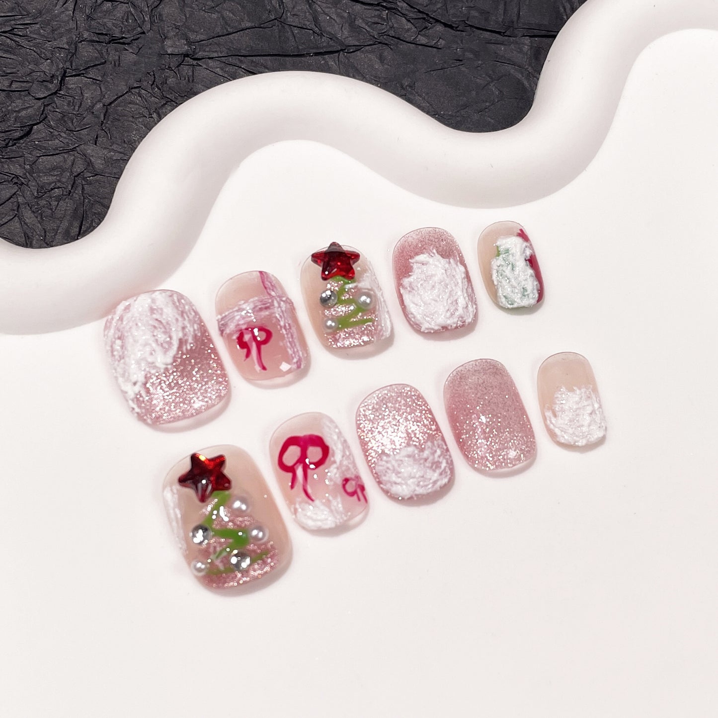 Handmade Wear Nail Christmas New Snowy Village Cute Sweet Short Cat Eye Manicure Wearable Nail Sticker