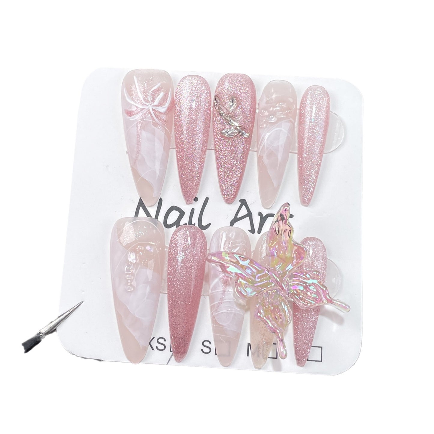 Handmade Wear Nail Three-Dimensional Ice Crystal Butterfly Clear Hand Painted Watercolor Blooming Cat Eye Long Pointed Finished Nail Beauty Patch