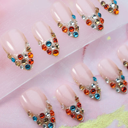 New Wear Armor Colorful Colorful Crystals Retro Style Plaid Driving to Cross-Border Supply Hand-Painted Fake Nail Stickers Can Be Wholesale