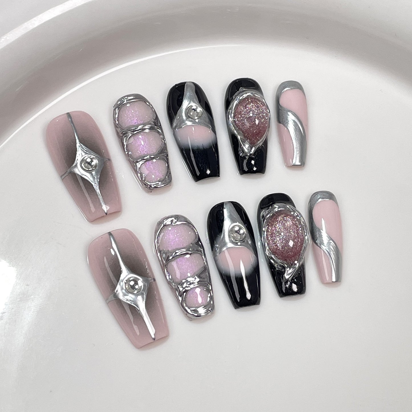 Handmade Wear Nail Sweet Cool Hot Girl Crystal Cat Eye Mid-Length Nail Stickers Heavy Industry Hand-Painted Wearable Nail Sticker