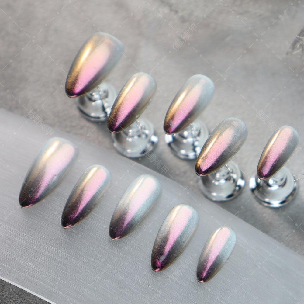 New Almond Style Nail Stickers European and American Sweet Cool Hot Girl Autumn and Winter High-Grade Cat Eye Solid Magic Mirror Purple Handmade Finished Product