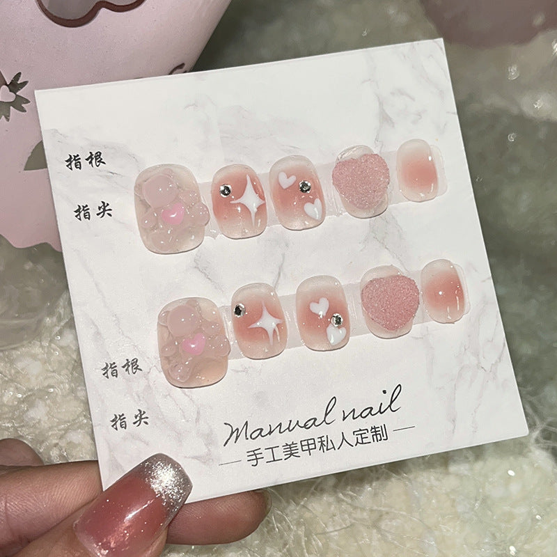 Love Candy Hug Bear Rhinestone Spring and Summer Cute Nail Stickers Handmade Wear Nail Short Nail Fake Nails Wholesale