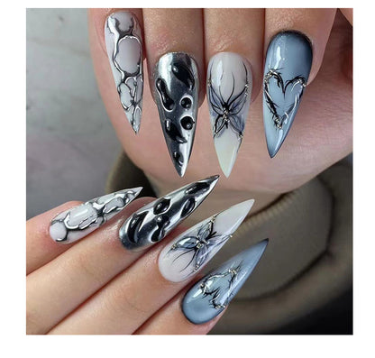 3D Three-Dimensional Water Ripple Wear Nail Cool Super Long Pointed Nail Piece Europe and America Cross Border Butterfly Hot Silver Fake Nails