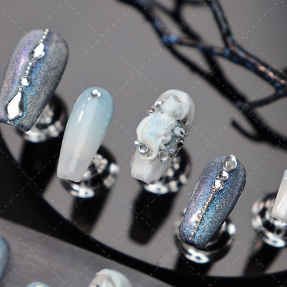 New UV Polish Wear Nail Flash Blue Purple Gradient Cat Eye Nail Sticker White Fox Rhinestone Dream Wear Nail Detachable