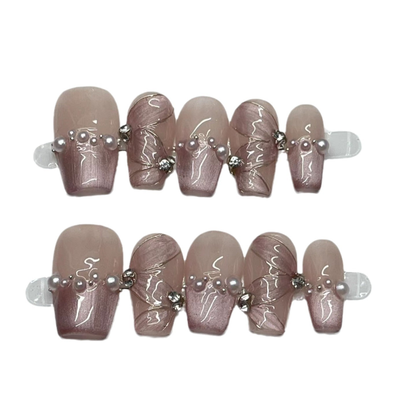 Xiaohongshu Same Style Ribbon Handmade Wear Nail Hand Painted Pearl Cat Eye Fall/Winter Hot-Selling White Finished Nail Beauty