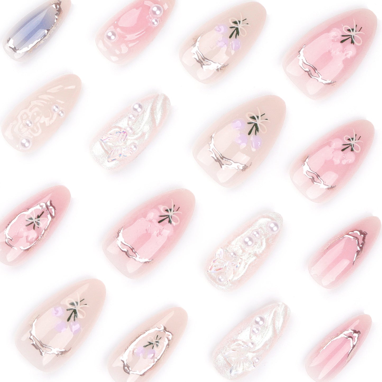 Spot Drill Aurora Butterfly Wear Nail Fresh Blush Blooming Nail Tips Pearl Bow Fake Nails Wholesale