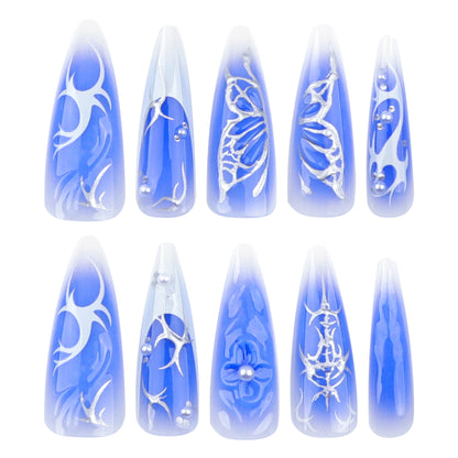 Blue Manicure French White Fake Nails Hot Silver Butterfly Wearable Nail Tip3D Flower Pearl Nails Patch