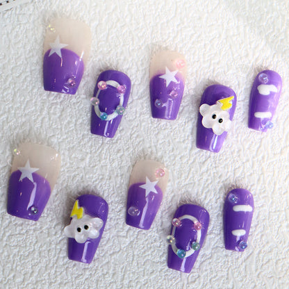 Cartoon Cute Lightning Cloud Purple Handmade Wear Nail Irregular French Bubble Student Wear Manicure