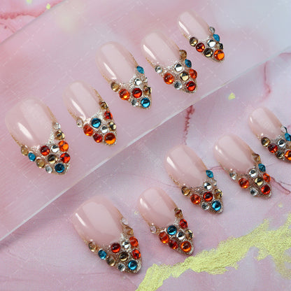 New Wear Armor Colorful Colorful Crystals Retro Style Plaid Driving to Cross-Border Supply Hand-Painted Fake Nail Stickers Can Be Wholesale