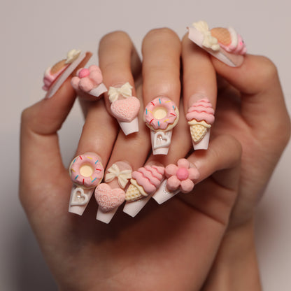 Sweet Cute Pink Ice Cream Cone Manicure Fake Nail Tip Three-Dimensional Love Heart Flowers Wear Nail Nail Patch