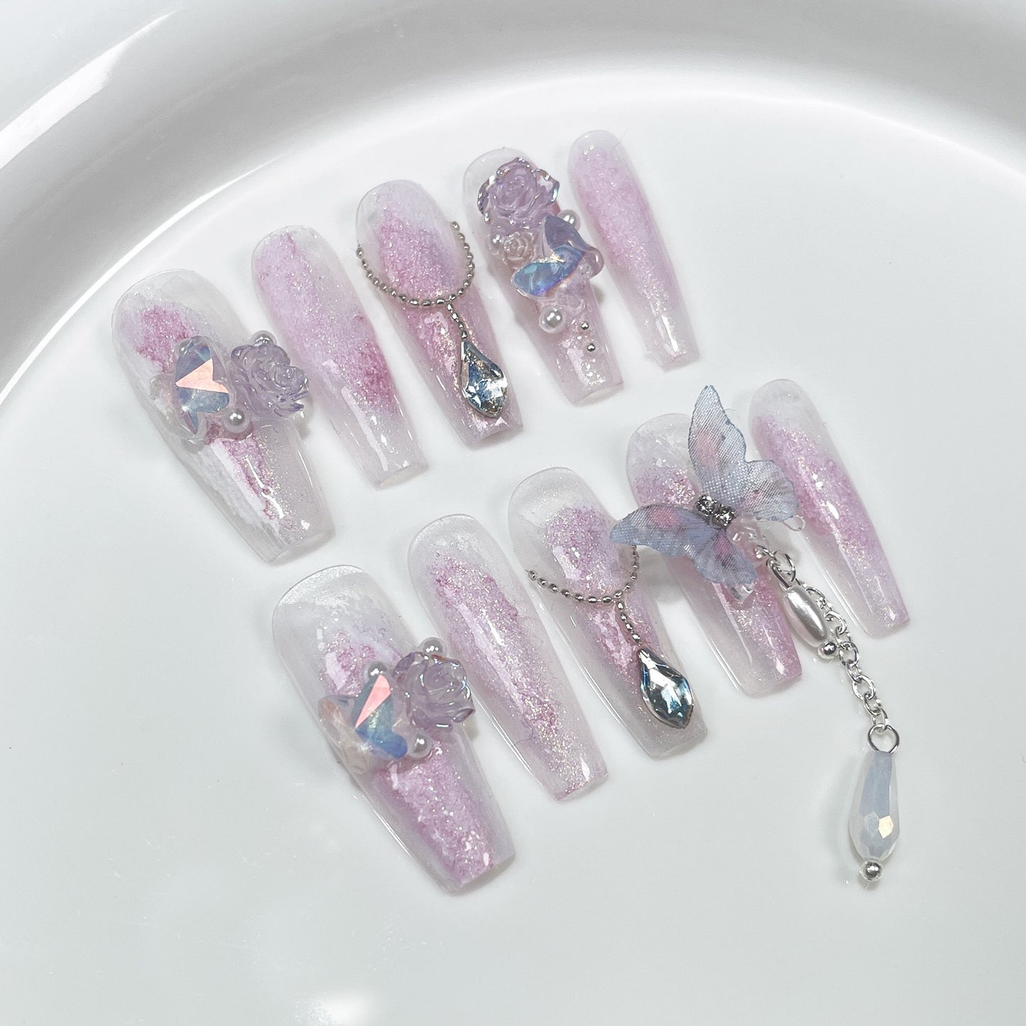 Sweet Frozen Hand-Worn Nail Pile Rhinestone Butterfly Pendant Handmade Nail Stickers Wearable Nail Sticker Wholesale