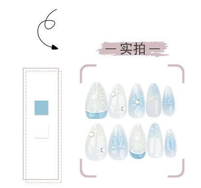 3D Blue Blooming Wear Nail Manicure Bow Fake Nails Lemon French Nail Tip Removable Nail Patch