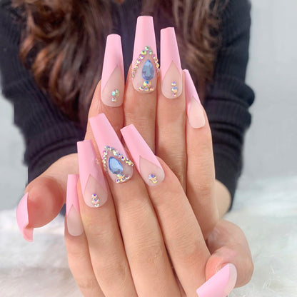 French Long Ballet Blue Rhinestone Temperament Wear Finished Nail Beauty Fake Nails Nail Stickers Foreign Trade Cross-Border Direct Supply